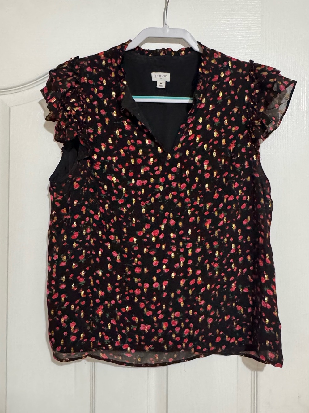 J. Crew Black Floral Ruffle Sleeve V-Neck Blouse with Red and Gold Accents